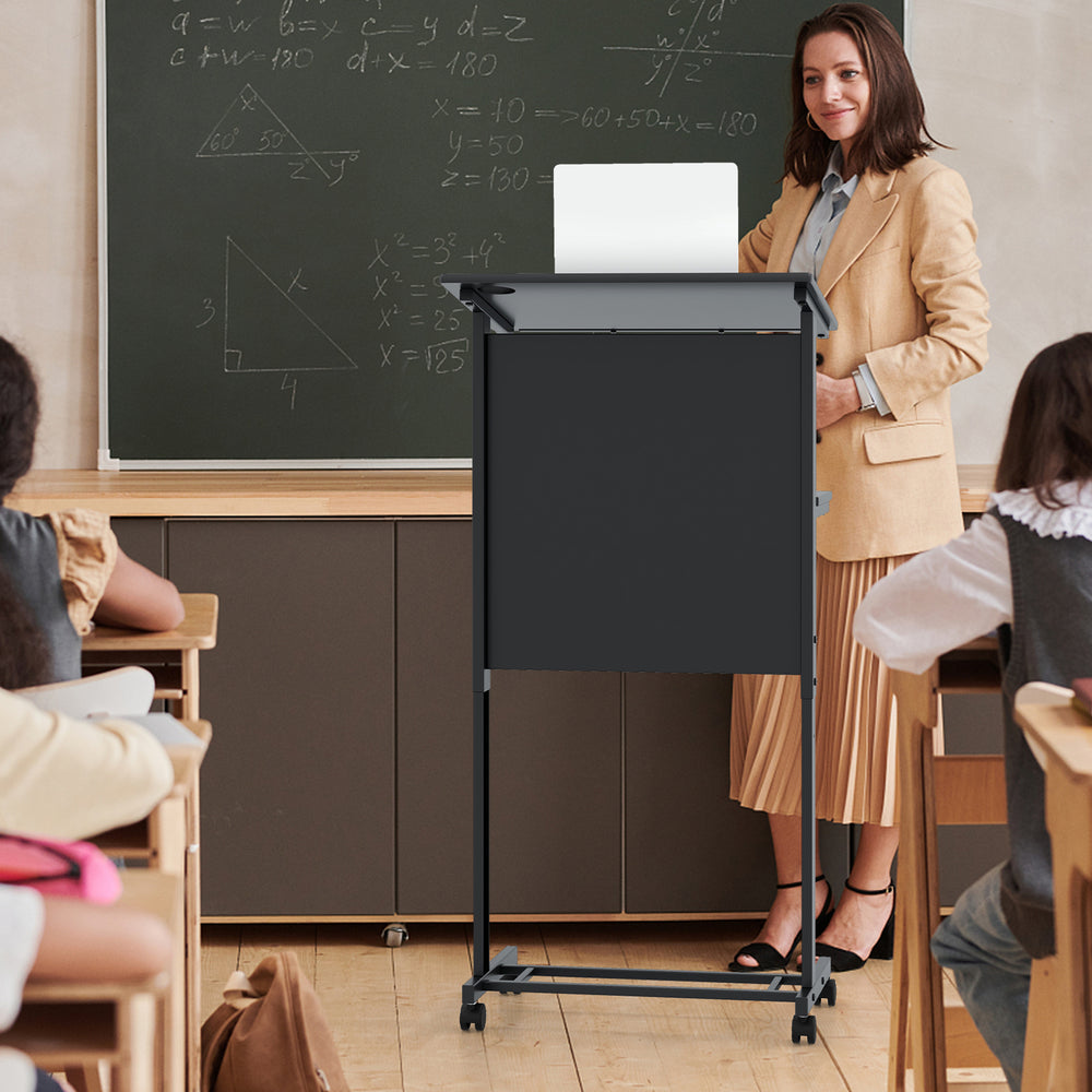 Height adjustable black lectern table with tilted tabletop, ideal for classrooms and events, featuring storage shelf.