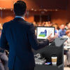 Height adjustable black lectern table with tilted tabletop, ideal for presentations in classrooms and events.