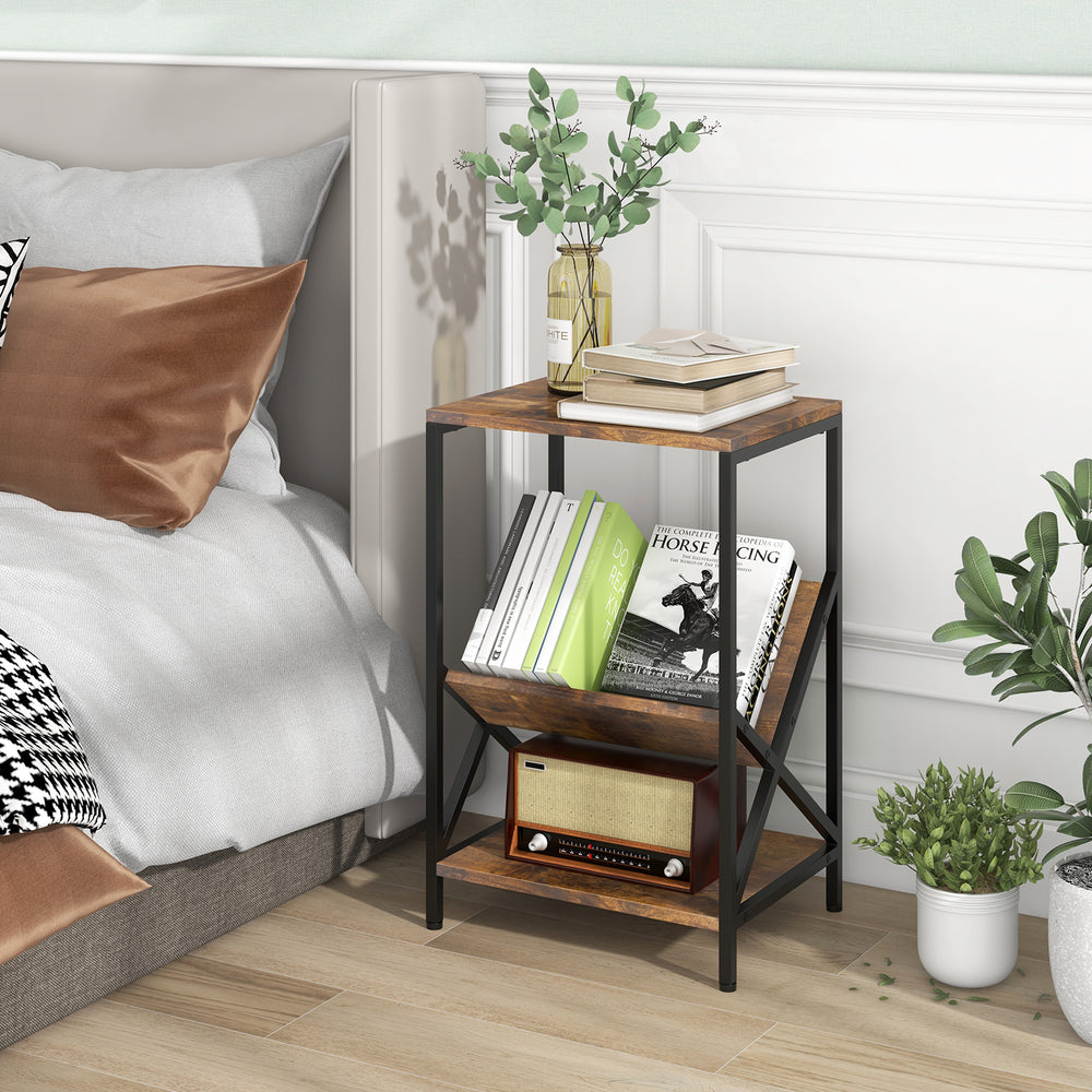 Rustic brown 3-tier industrial side table featuring a V-shaped bookshelf and open shelf, ideal for stylish living room.