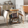 3-tier industrial side table in rustic brown with V-shaped bookshelf, perfect for living room storage and decor.