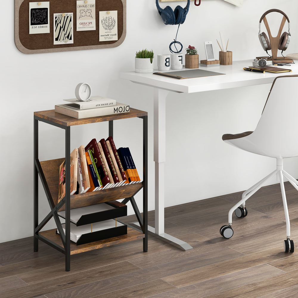 3-Tier Industrial Side Table with V-shaped Bookshelf for Living Room-Rustic Brown - Gallery View 1 of 10