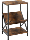 3-tier industrial side table in rustic brown with V-shaped bookshelf and open shelves, perfect for living room storage.