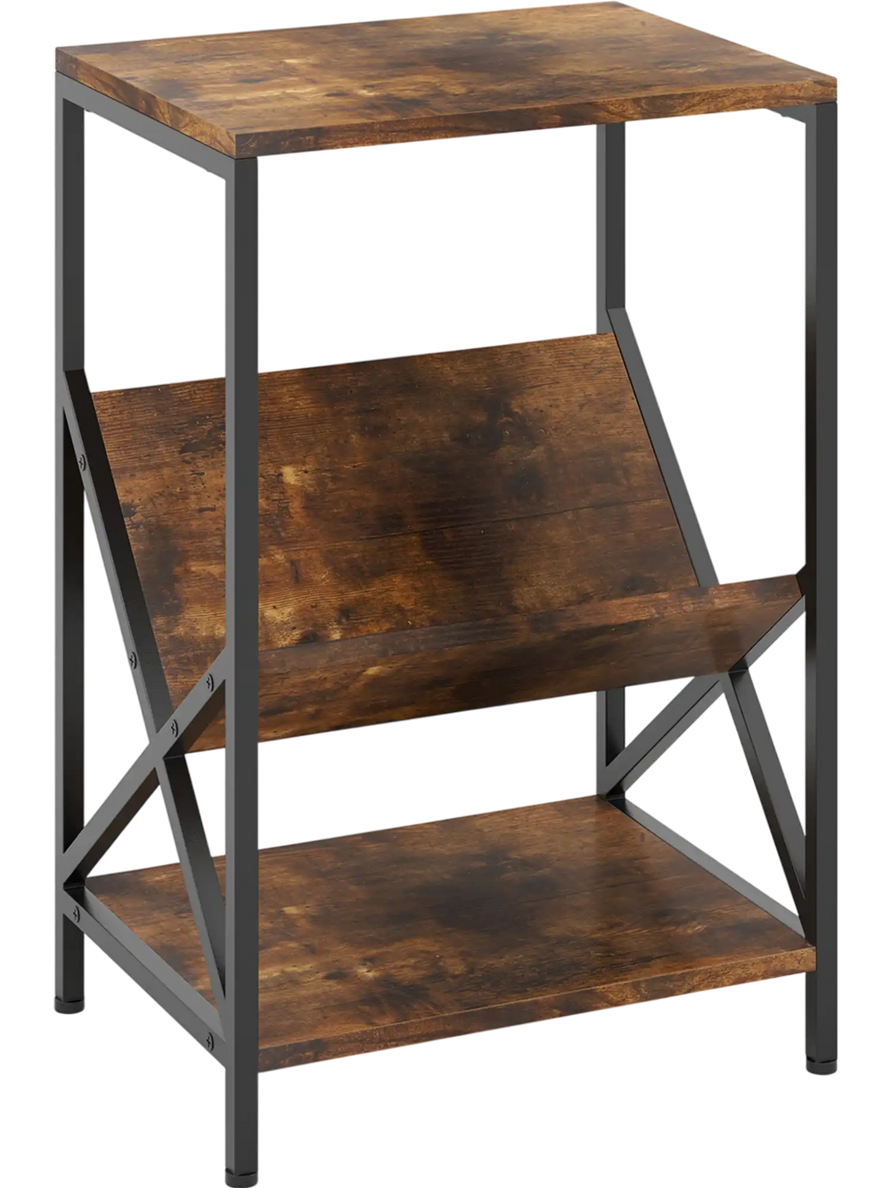 3-tier industrial side table in rustic brown with V-shaped bookshelf and open shelves, perfect for living room storage.