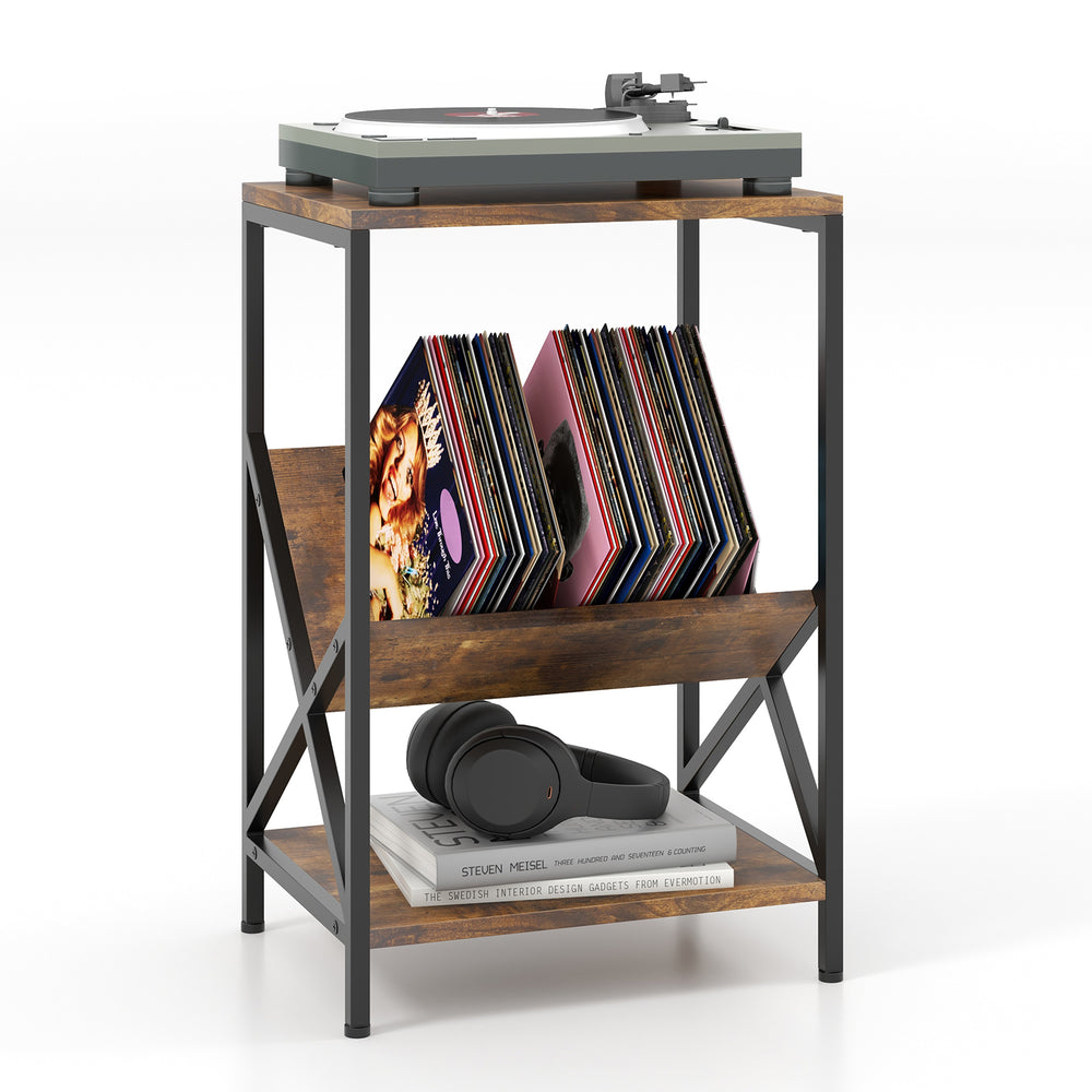 3-tier industrial side table in rustic brown with V-shaped bookshelf, perfect for storing records and decor in small.