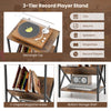 V-shaped bookshelf and bottom shelf of the rustic brown 3-tier industrial side table, ideal for magazines and decor.