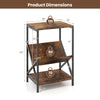 Dimensions of the 3-tier industrial side table with V-shaped bookshelf in rustic brown, showcasing weight capacity and.