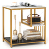 L-shaped marble end table with gold steel frame, showcasing books and decorative items, perfect for stylish storage.