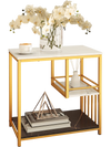 3-tier multi-function marble end table with golden frame, featuring storage shelf and protective fence for stability.