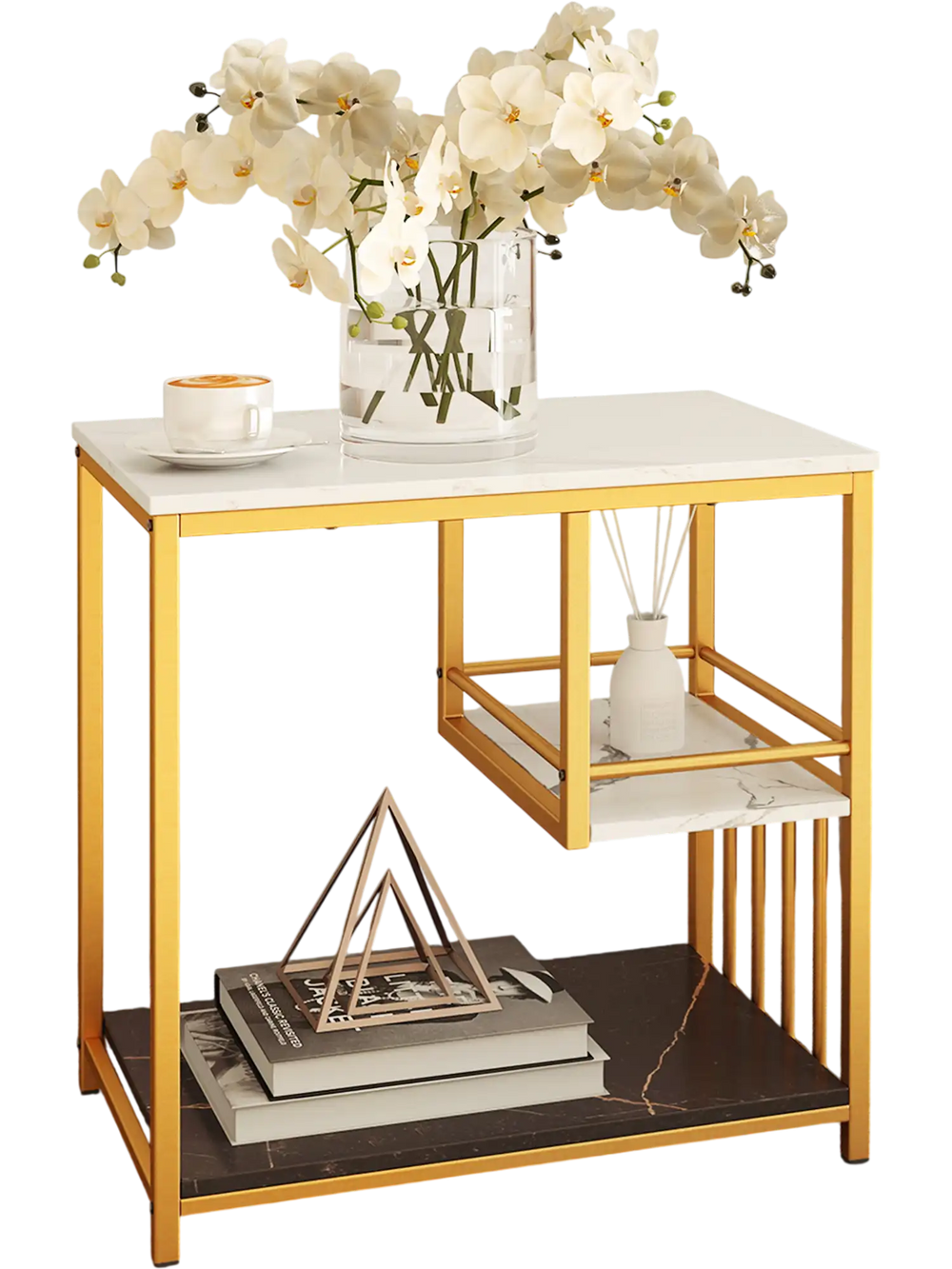 3-tier multi-function marble end table with golden frame, featuring storage shelf and protective fence for stability.