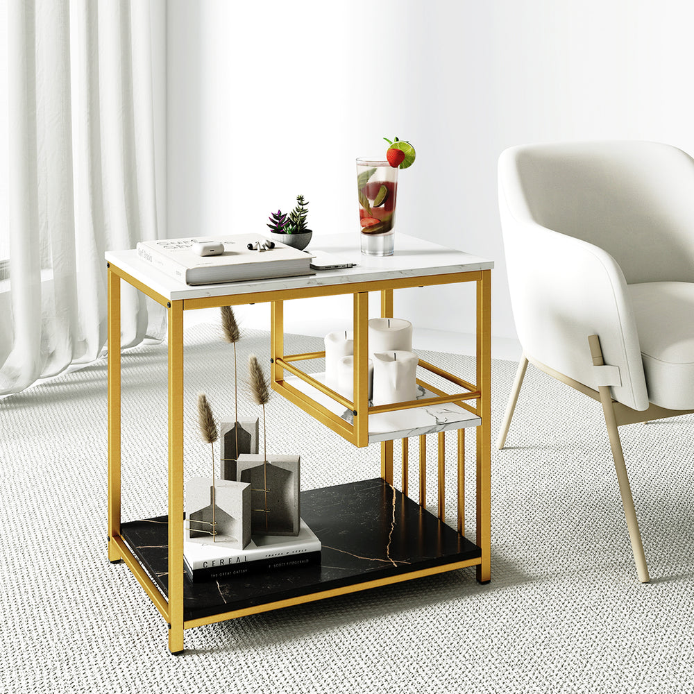3-tier multi-function marble end table with golden frame, featuring storage shelf, ideal for living room or bedroom use.