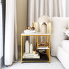 3-tier multi-function marble end table with golden frame, featuring ample storage for living room or bedroom use.