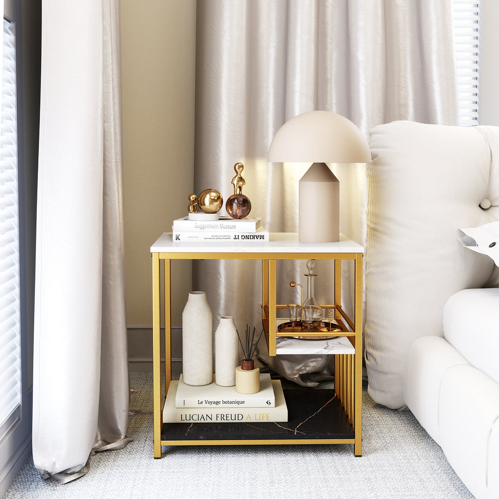 3-tier multi-function marble end table with golden frame, featuring ample storage for living room or bedroom use.