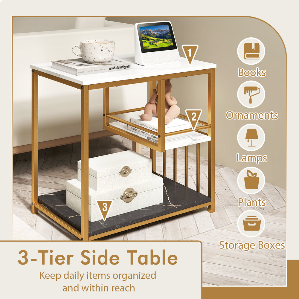 3-tier multi-function marble end table with golden frame, featuring ample storage for books, ornaments, and more.