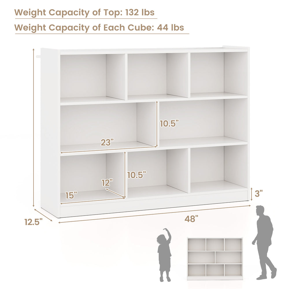 3-tier open bookcase with 8 cubes in white, featuring a wide top for display and durable engineered wood construction.