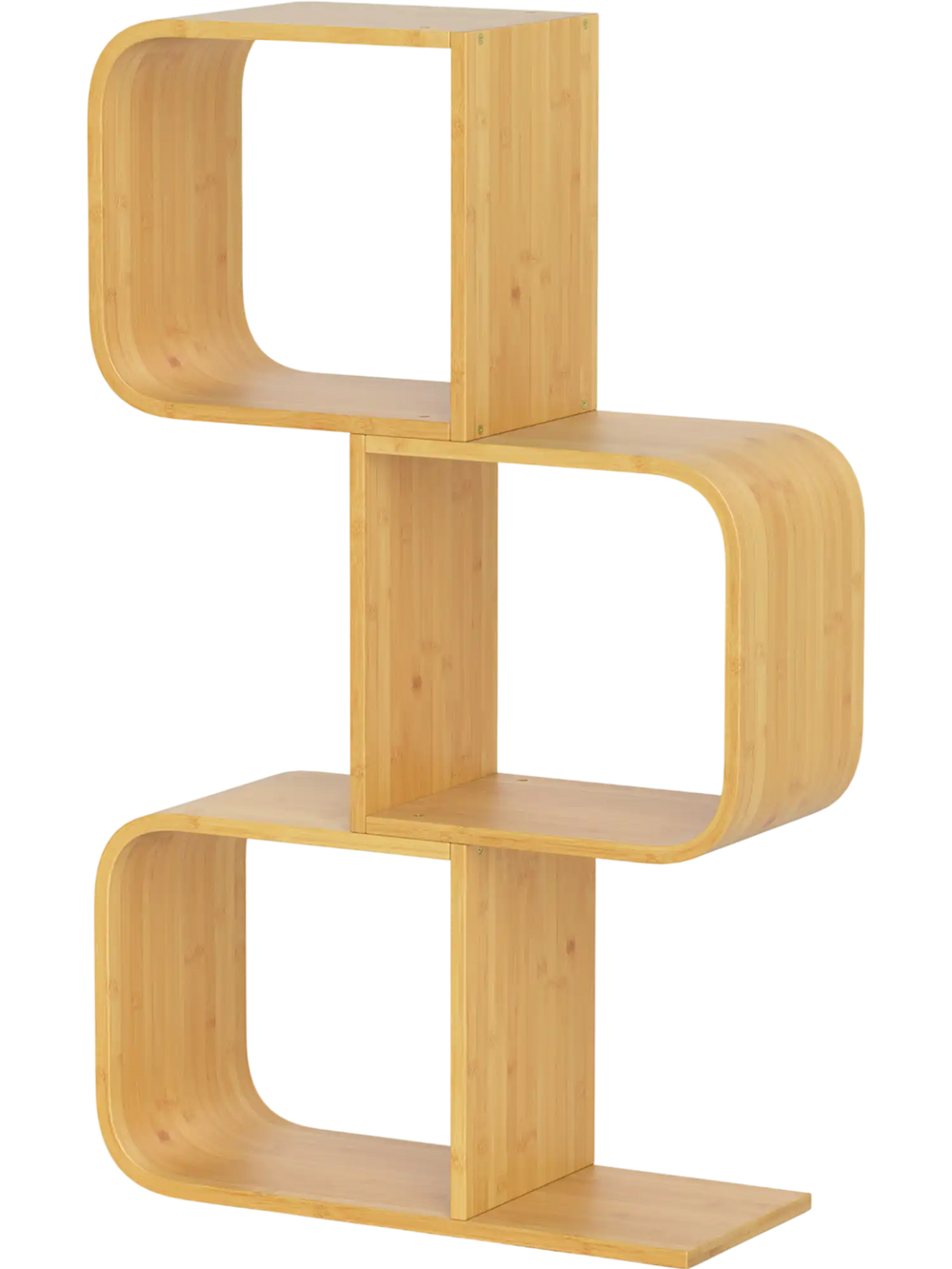 S-shaped bookcase made from natural bamboo, showcasing a unique design with three open cubes for stylish storage.