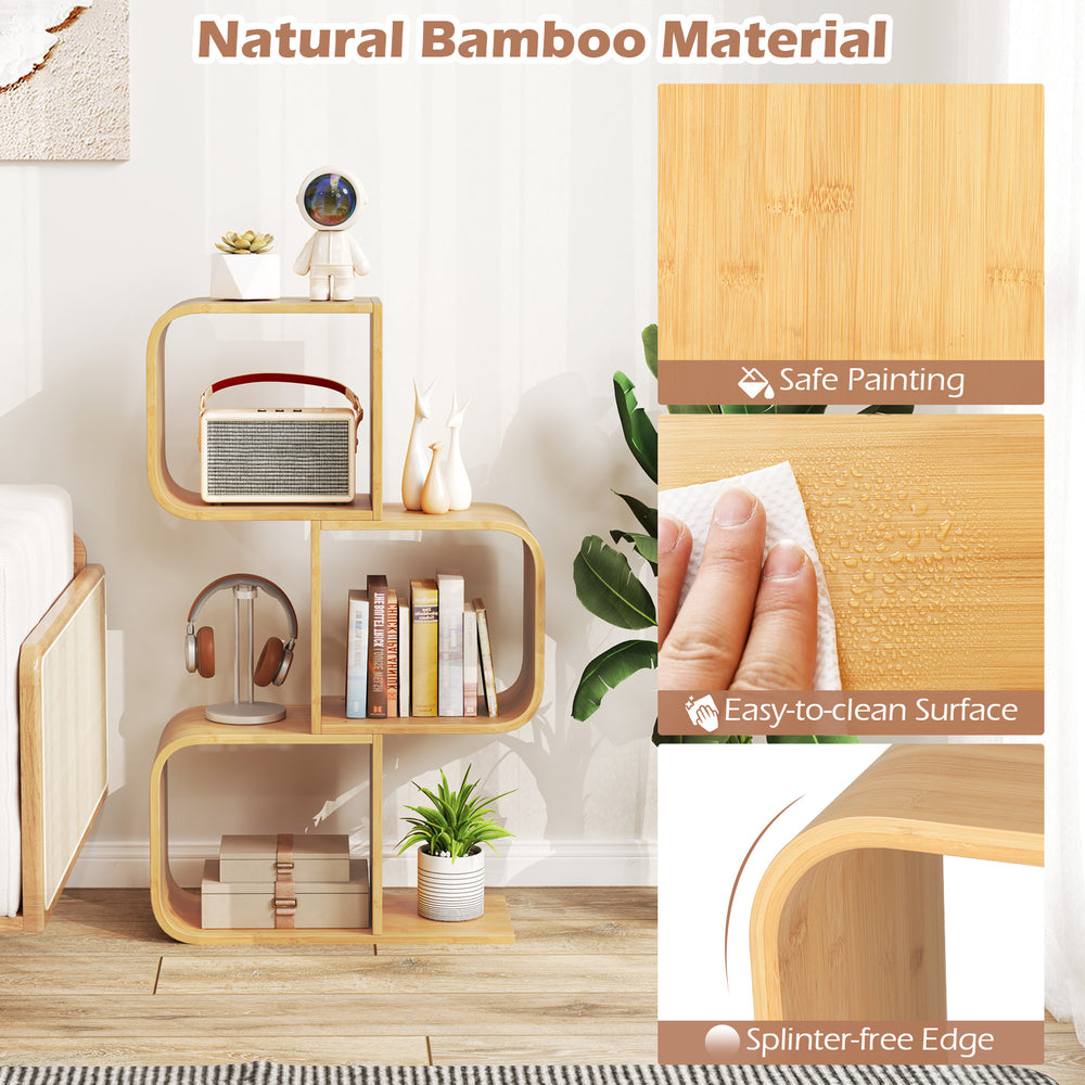 3-tier S-shaped bookcase in natural bamboo with open cubes, perfect for organizing items in living room or office.