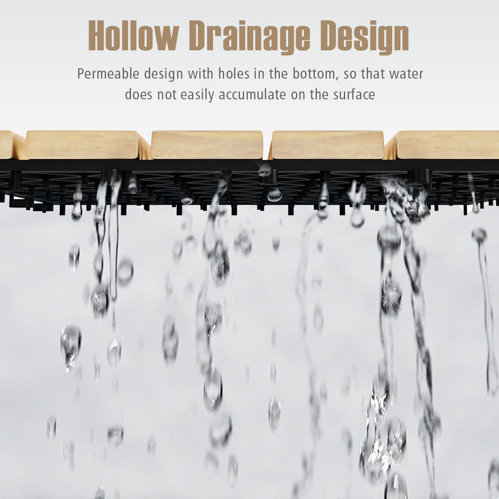 Acacia wood interlocking tile flooring with hollow drainage design, ideal for outdoor use and preventing water.