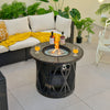 32-inch fire pit table with fire glass, featuring a heavy-duty metal frame, perfect for outdoor warmth and ambiance.