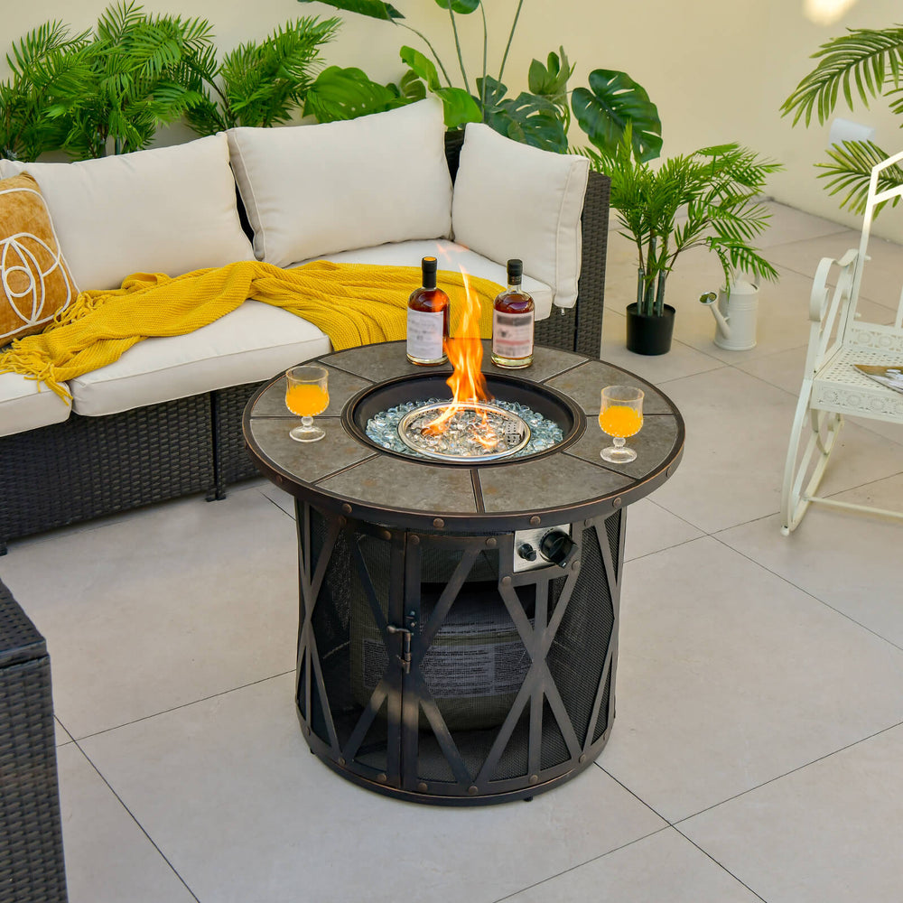 32-inch fire pit table with fire glass, featuring a heavy-duty metal frame, perfect for outdoor warmth and ambiance.