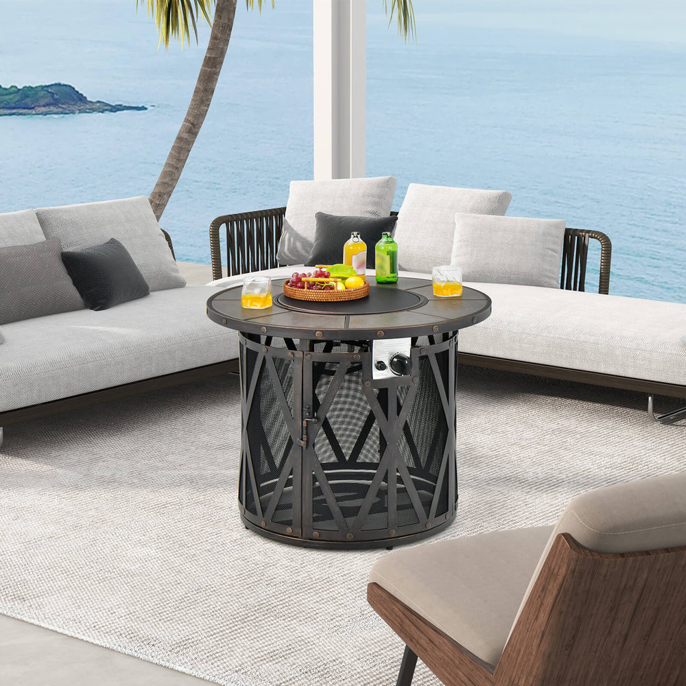 32-inch fire pit table with mesh design, 30,000 BTU output, used as coffee table, perfect for outdoor gatherings.