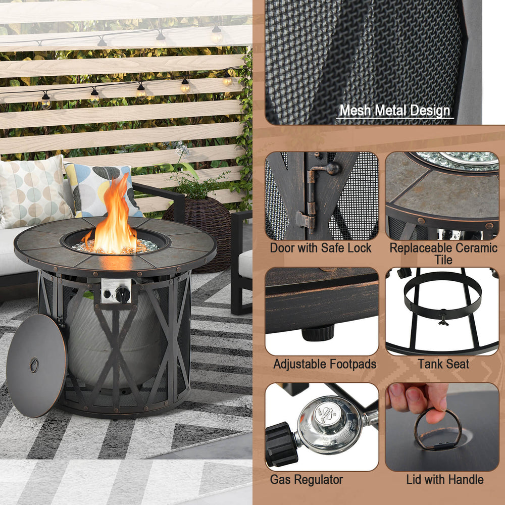 32-inch fire pit table with mesh metal design, 30,000 BTU output, and PVC cover for outdoor warmth and style.