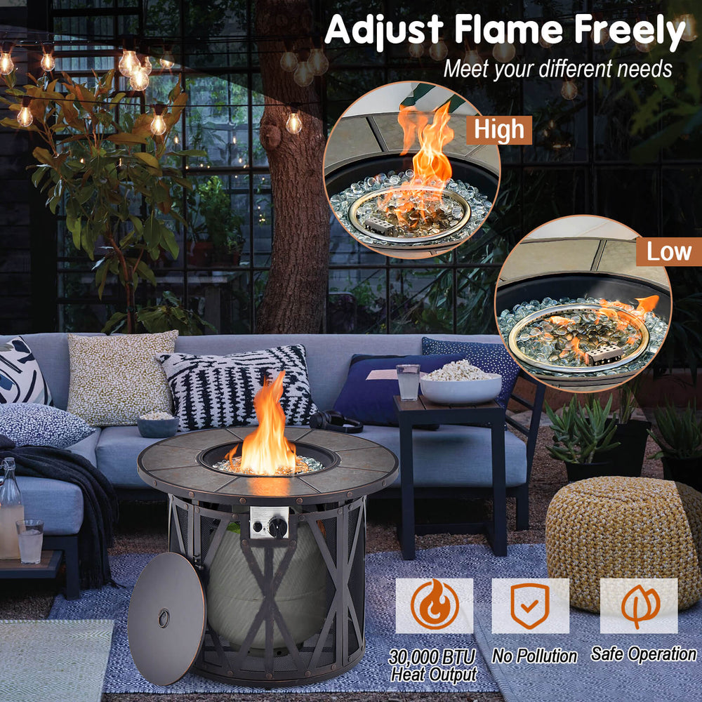 32-inch fire pit table with adjustable flame, 30,000 BTU output, and PVC cover for outdoor warmth and style.