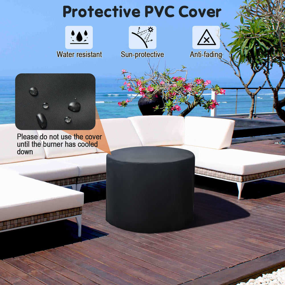 32-inch fire pit table with PVC cover, featuring a durable design and water-resistant protection for outdoor use.