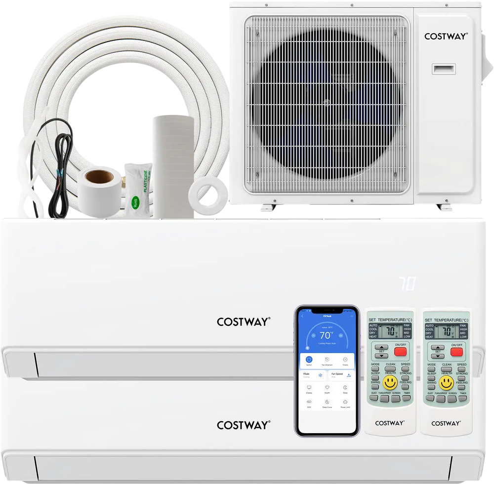 30000 BTU 2 zone mini split air conditioner with heat pump, WiFi enabled, includes indoor and outdoor units for.