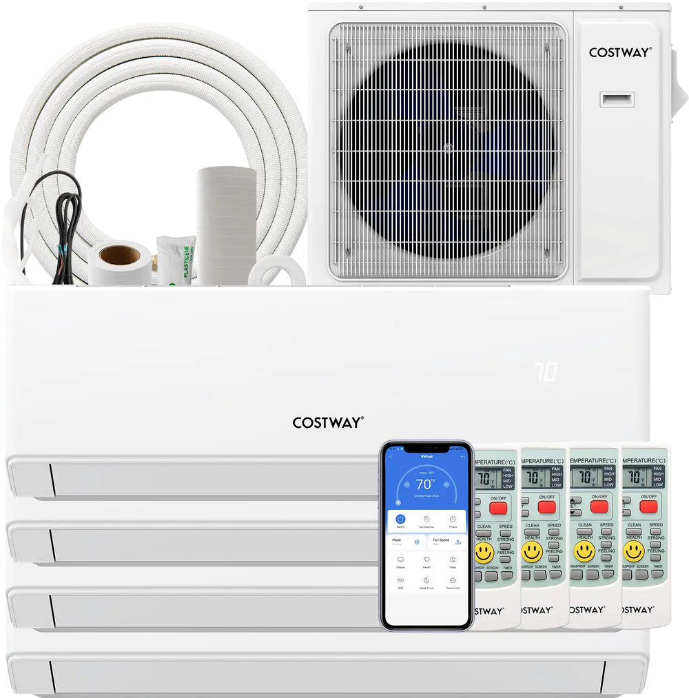 30000 BTU 4 zone mini split air conditioner with heat pump, WiFi enabled, featuring remote control and energy-efficient.