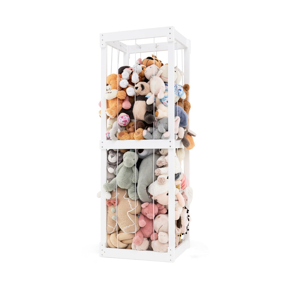 Large stuffed animal storage with open top and elastic cords, white frame, perfect for kids' rooms and playrooms.