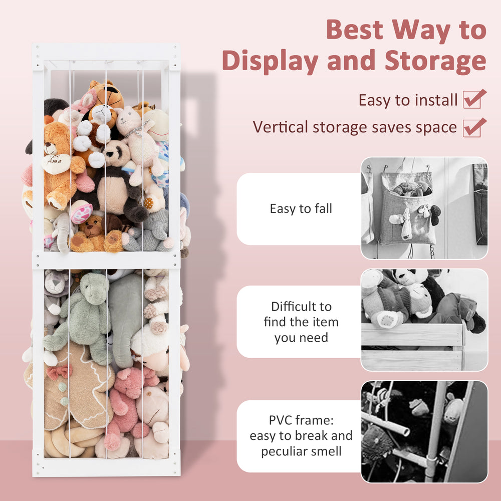 Large white stuffed animal storage with open top and elastic cords, ideal for kids' rooms and playrooms.