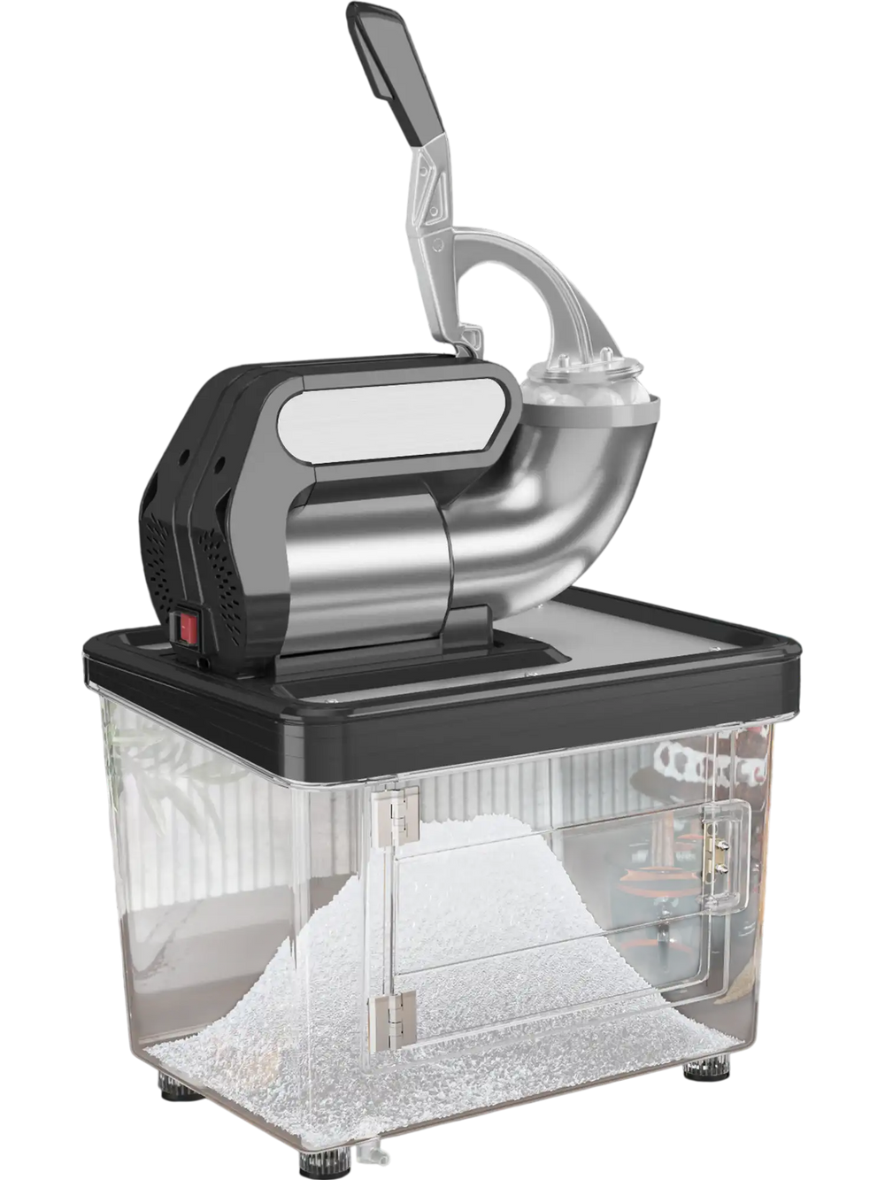Commercial ice crusher with dual blades, 300W motor, and 10-gallon storage for efficient ice production.