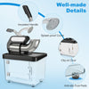 Close-up of the 300W commercial ice crusher showing the insulated handle and splash-proof cover for efficient ice.