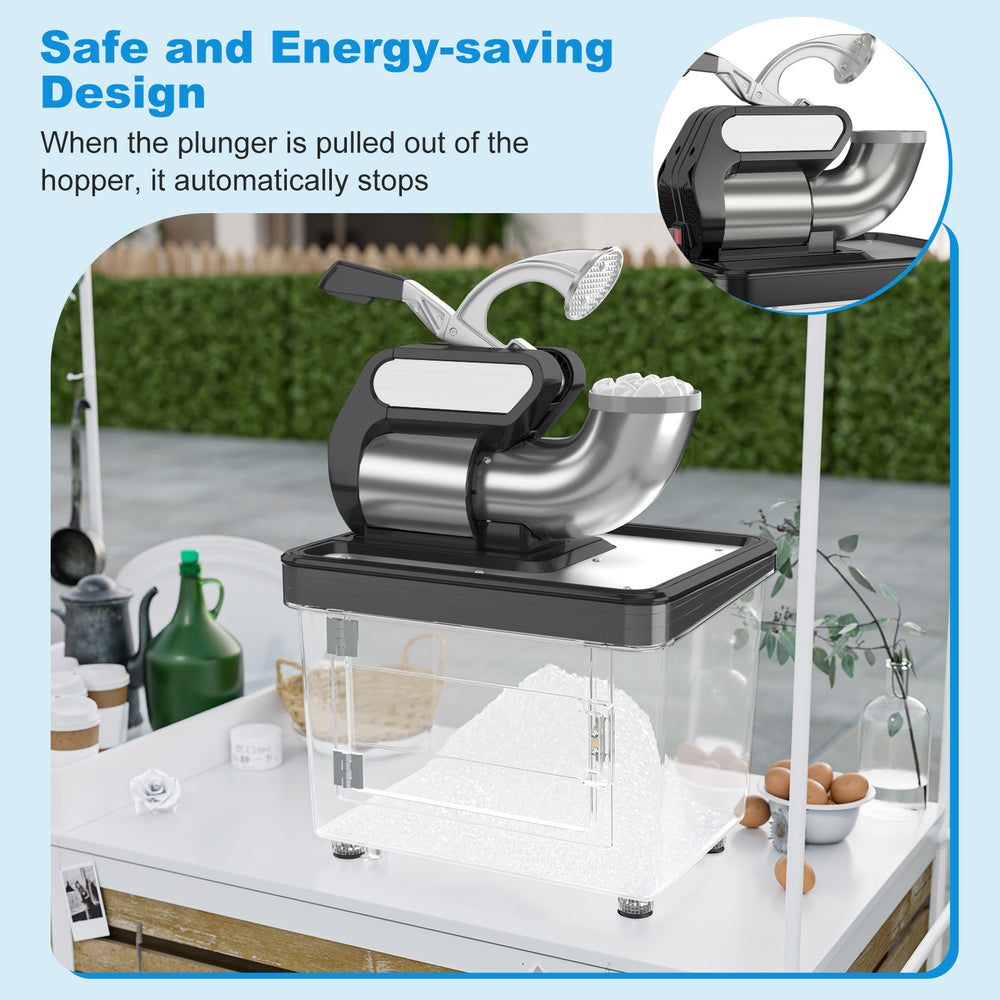 Commercial ice crusher with dual blades, 300W motor, and 10-gallon storage for efficient ice crushing and safety.