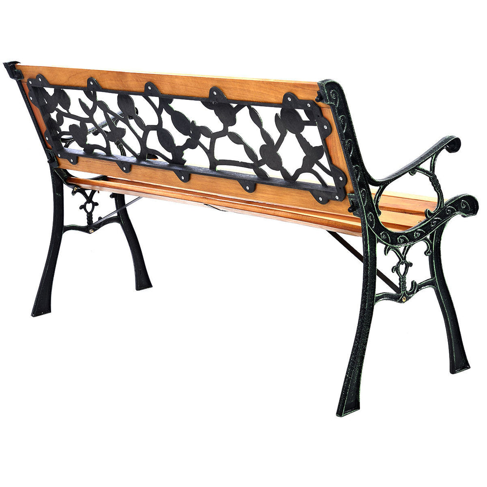 Patio park garden bench with solid wood seat and iron cast structure, designed for comfort and stability, seats three.