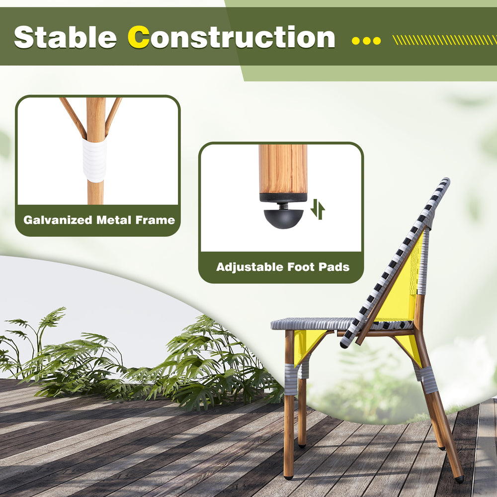 Adjustable foot pads and galvanized metal frame of the 3-piece French bistro set for outdoor dining stability.