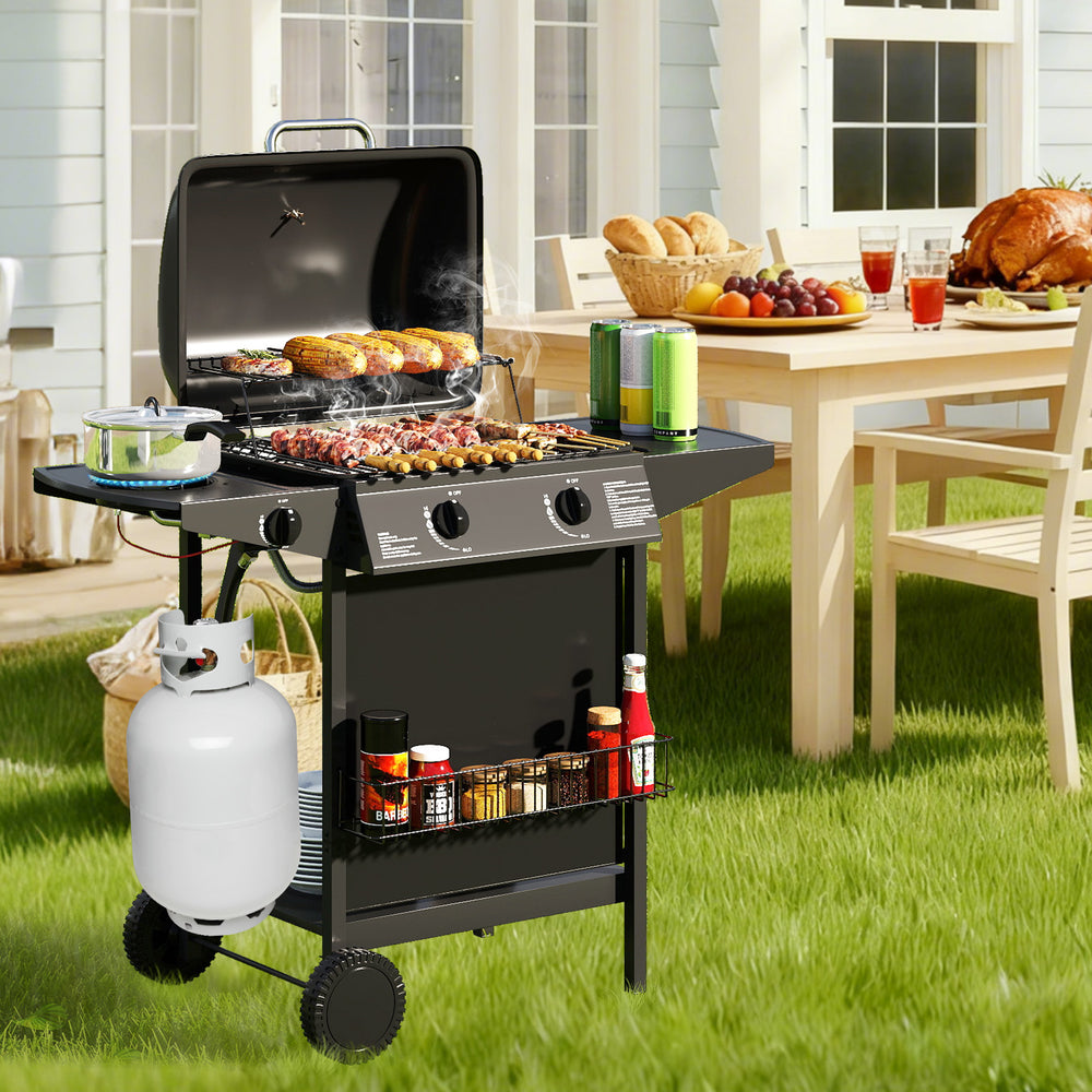 30,000 BTU outdoor propane gas grill on wheels with side burner, spacious cooking zone, and ample storage for outdoor.