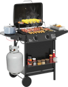 Propane gas grill with 30,000 BTU output, two burners, side table, and large wheels for easy mobility.