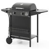 Black 30,000 BTU outdoor propane gas grill with two burners, side burner, and large wheels for easy mobility.