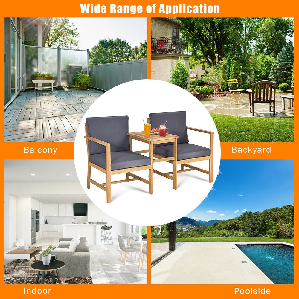 Acacia wood loveseat with separable coffee table and thick cushions, perfect for balcony, backyard, or poolside.