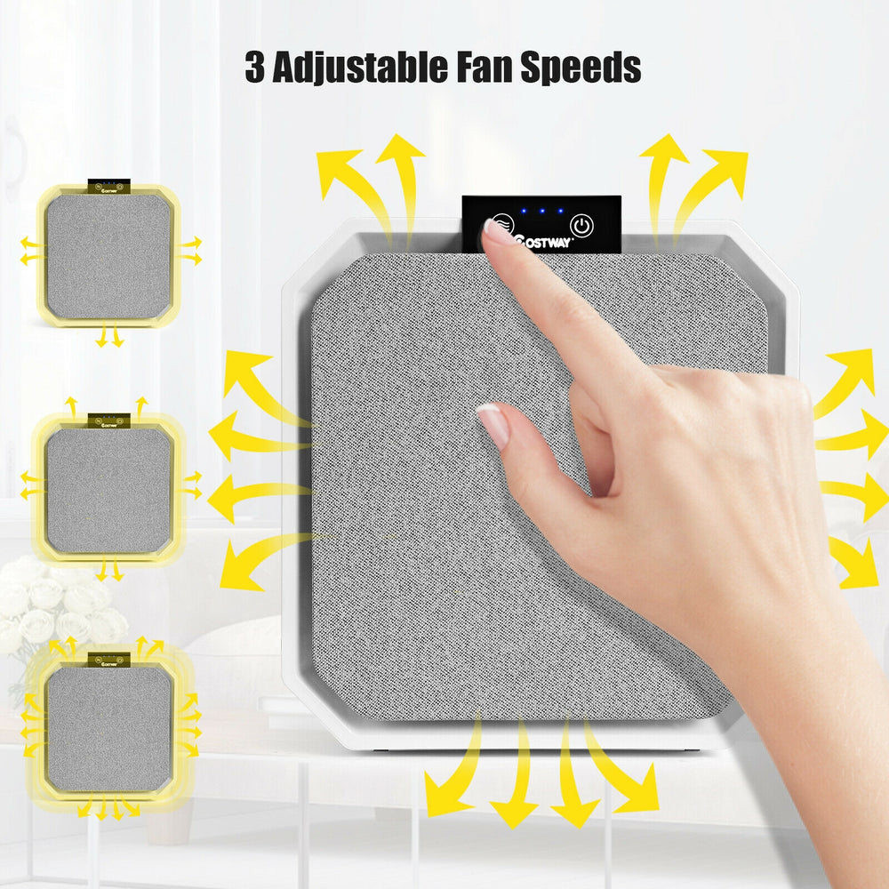 Desktop HEPA air purifier with touch panel, featuring 3 adjustable fan speeds for optimal air quality in home or office.
