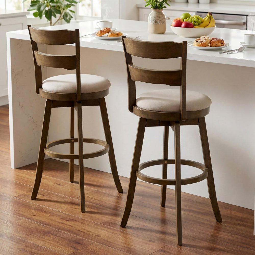 30.5-inch swivel barstools with a timeless wood design, showcasing the upholstered seat and backrest from a side view.