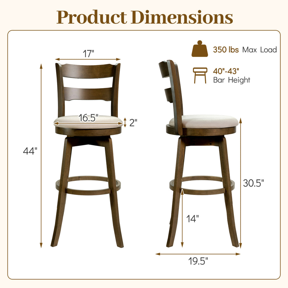 30.5-inch swivel barstool set of 2 with backrest, upholstered seat, and solid rubberwood construction for kitchen use.