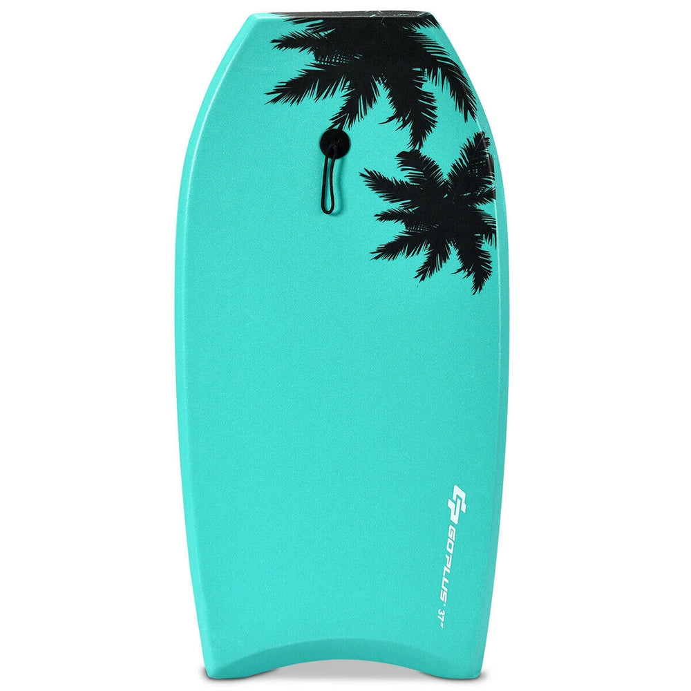 Lightweight 33-inch bodyboard in turquoise with palm tree design, made of EPS core and XPE deck for summer surfing fun.