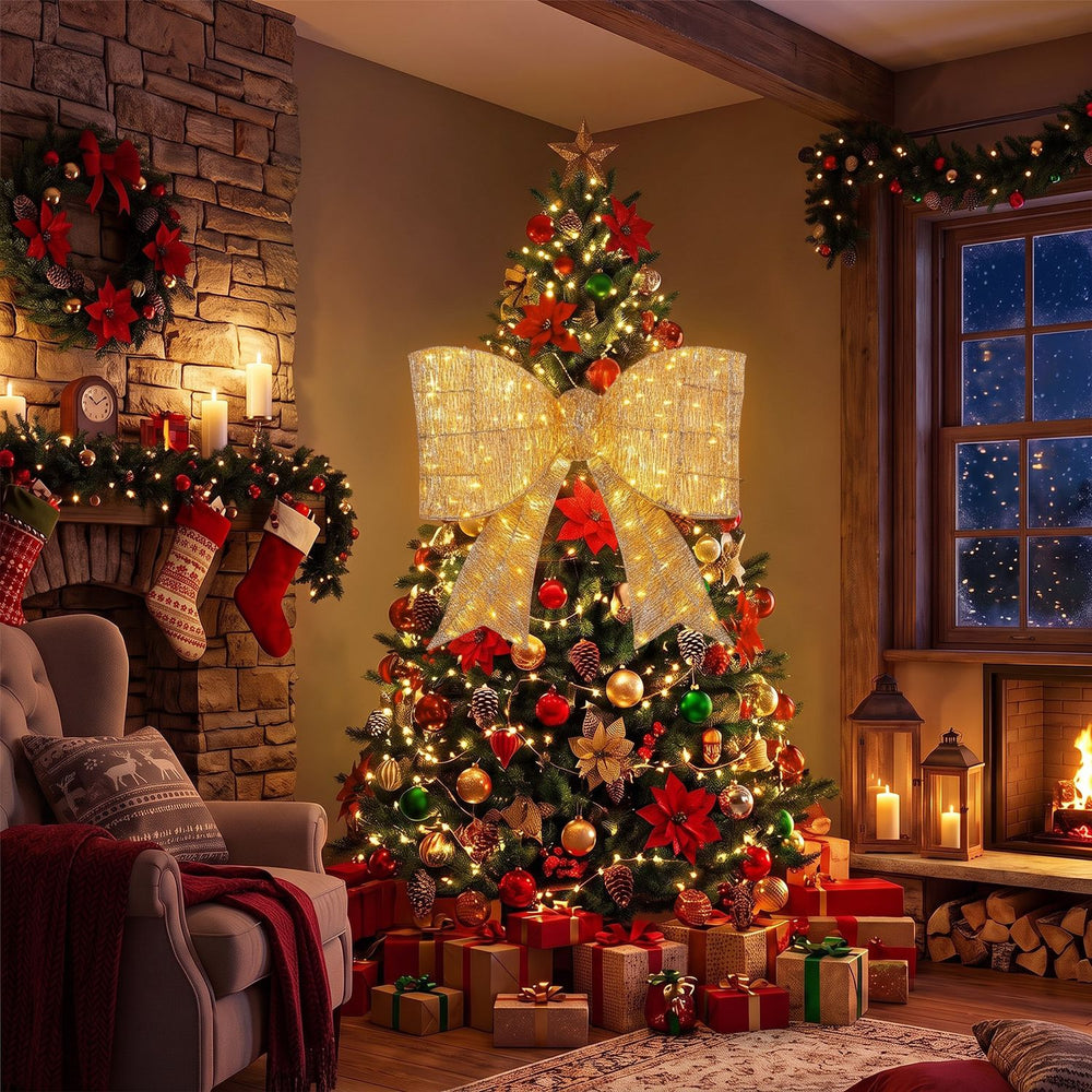 30" golden Christmas lighted bow decoration featuring vibrant warm white LED lights, ideal for brightening holiday gatherings.