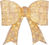 30" Christmas lighted bow decoration featuring shiny gold tinsel fabric and 120 warm white LED lights for festive charm.