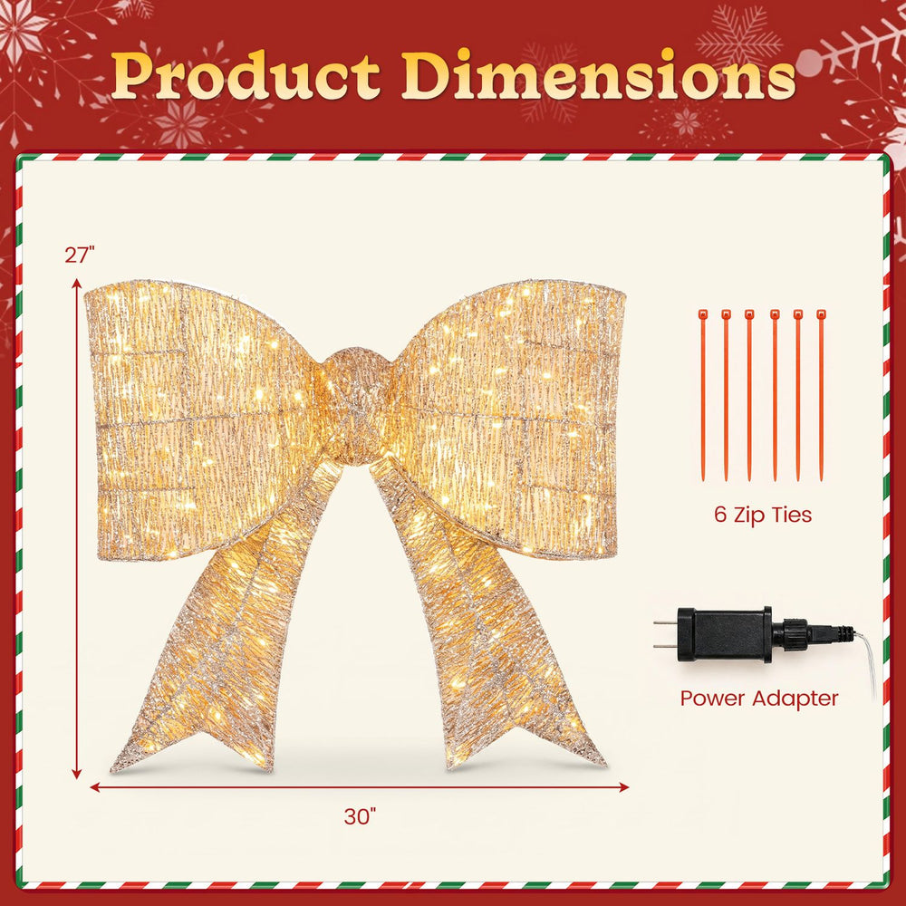 Golden 30" Christmas lighted bow decoration with 120 warm white LED lights, perfect for festive holiday displays.