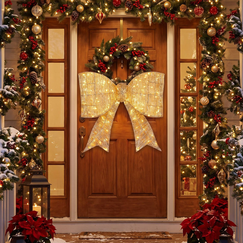 30" lighted bow decoration with 120 warm white LED lights, perfect for enhancing your holiday entrance.
