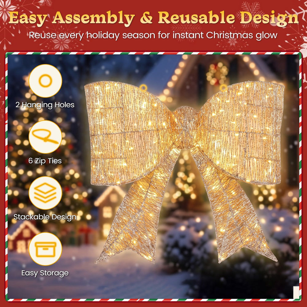 30" golden Christmas lighted bow decoration with 120 warm white LED lights, perfect for festive holiday displays.