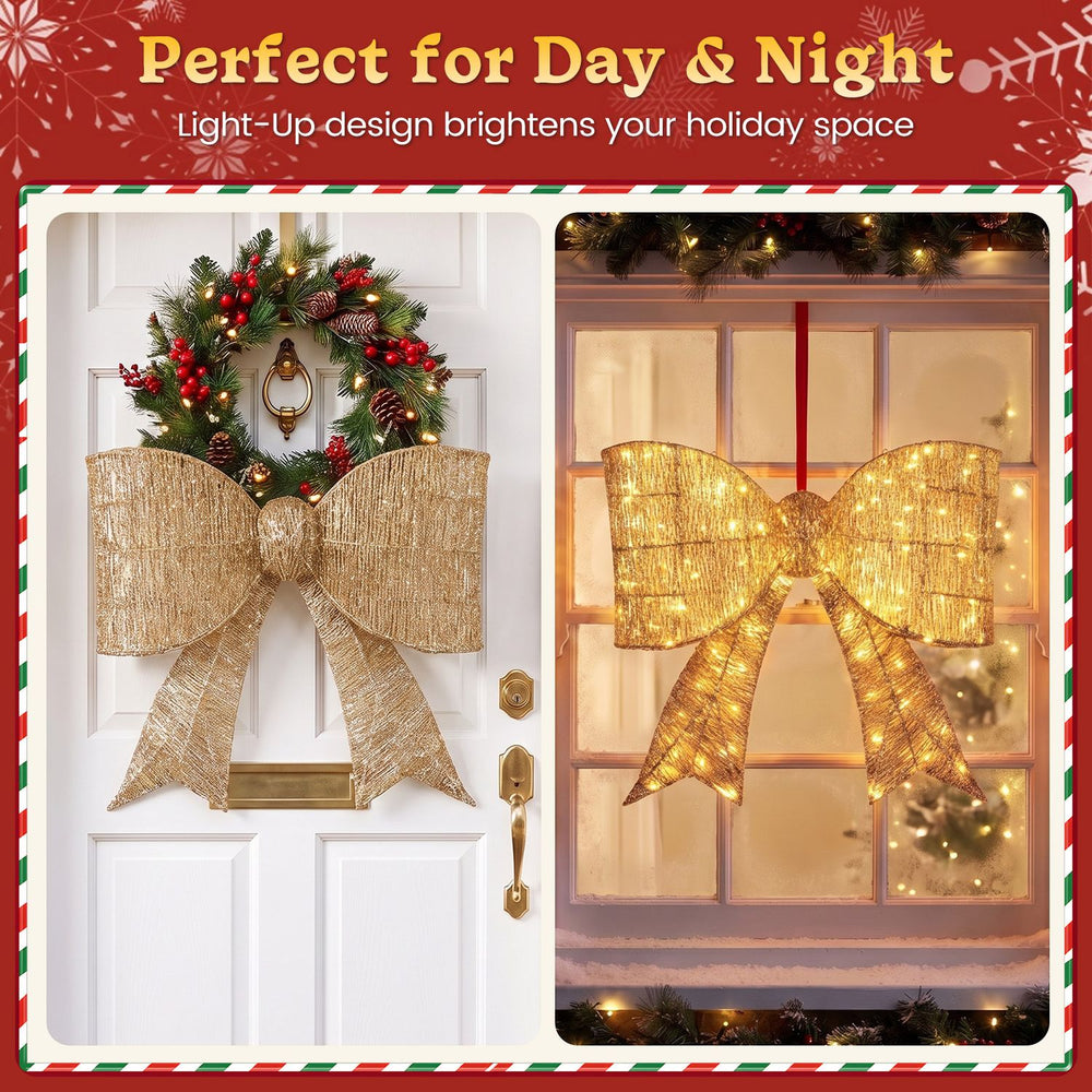 Lighted golden bow decoration set of 2 with 120 warm white LED lights, perfect for festive holiday displays day and night.